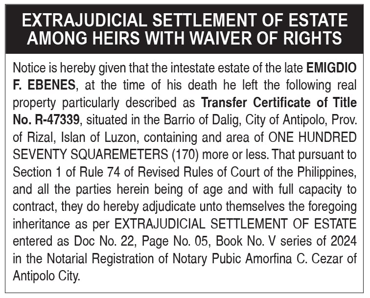Extrajudicial Settlement of Estate Among Heirs with Waiver of Rights - Emigdio F. Ebenes